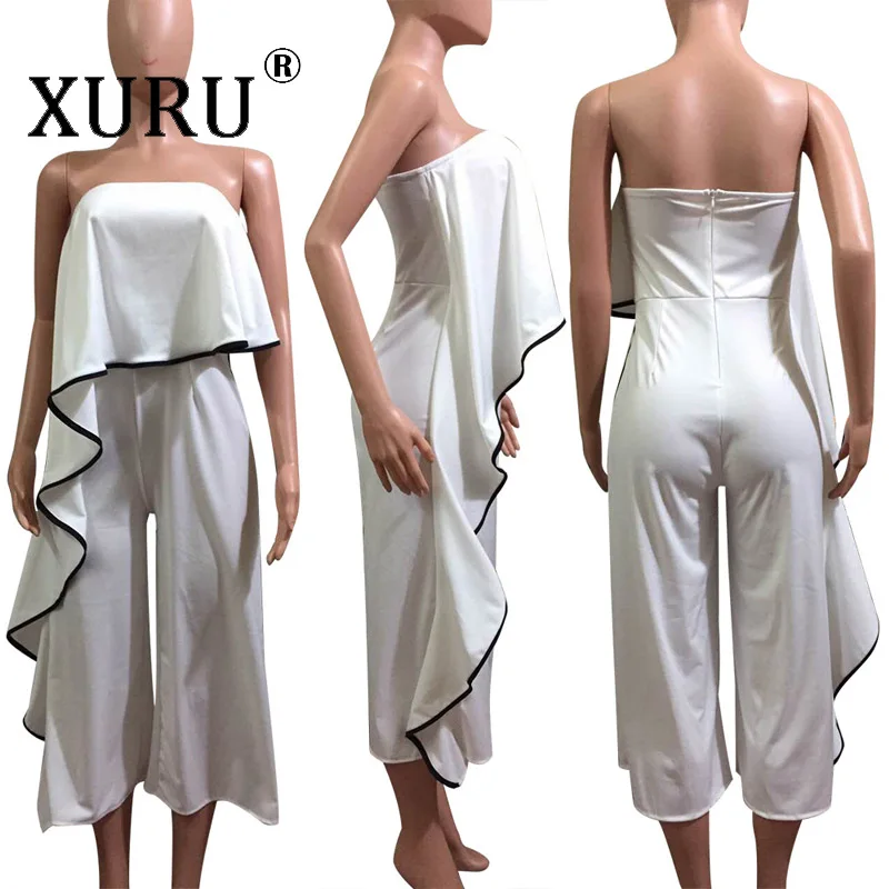 

XURU autumn new women's jumpsuit casual hot sexy word shoulder piece wide leg pants nine pants