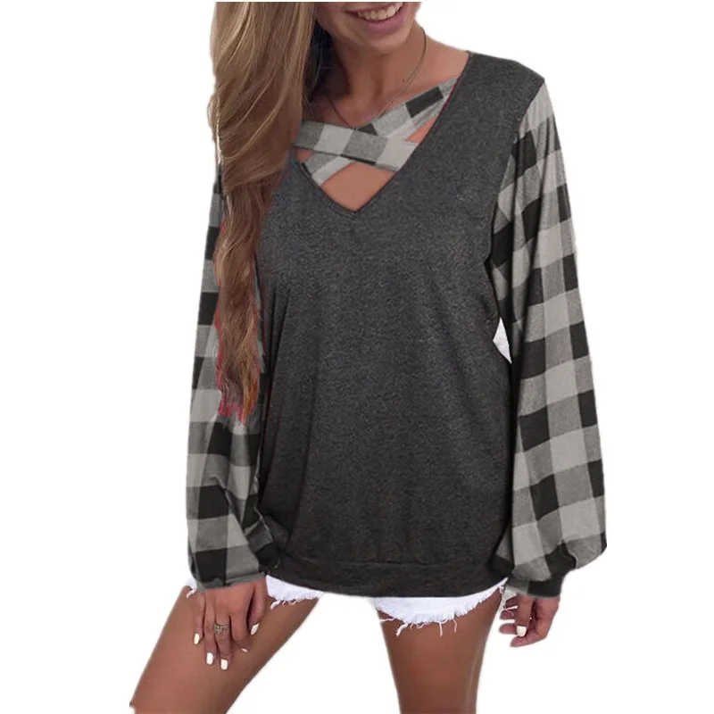 

Women's autumn and winter Plaid splicing Lantern Sleeve V-neck solid color top
