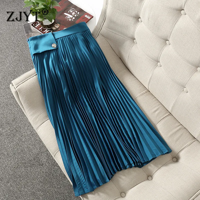 

Женская плиссированная юбка, модельные Дизайнерские однотонные синие офисные юбки с высокой талией, весна-лето 2021