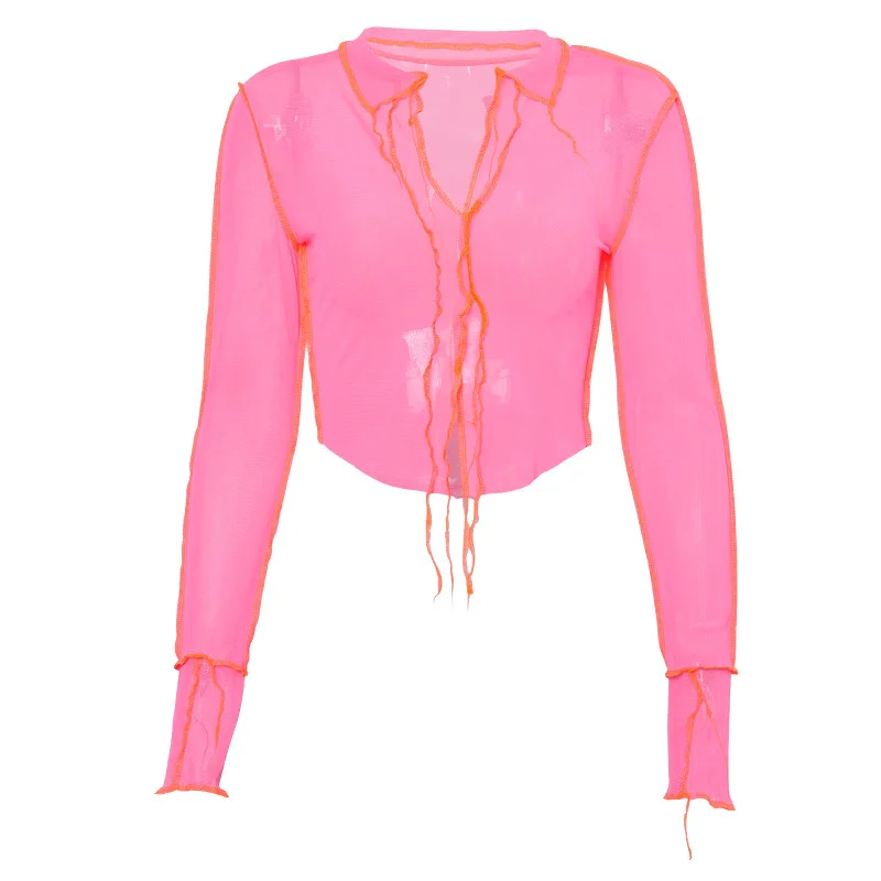 

Sexy Club Party Wear V-neck Low Cut Top Tees Shirts for Women High Street Mesh T- Shirt Crop Tops Female Oversized T Shirt