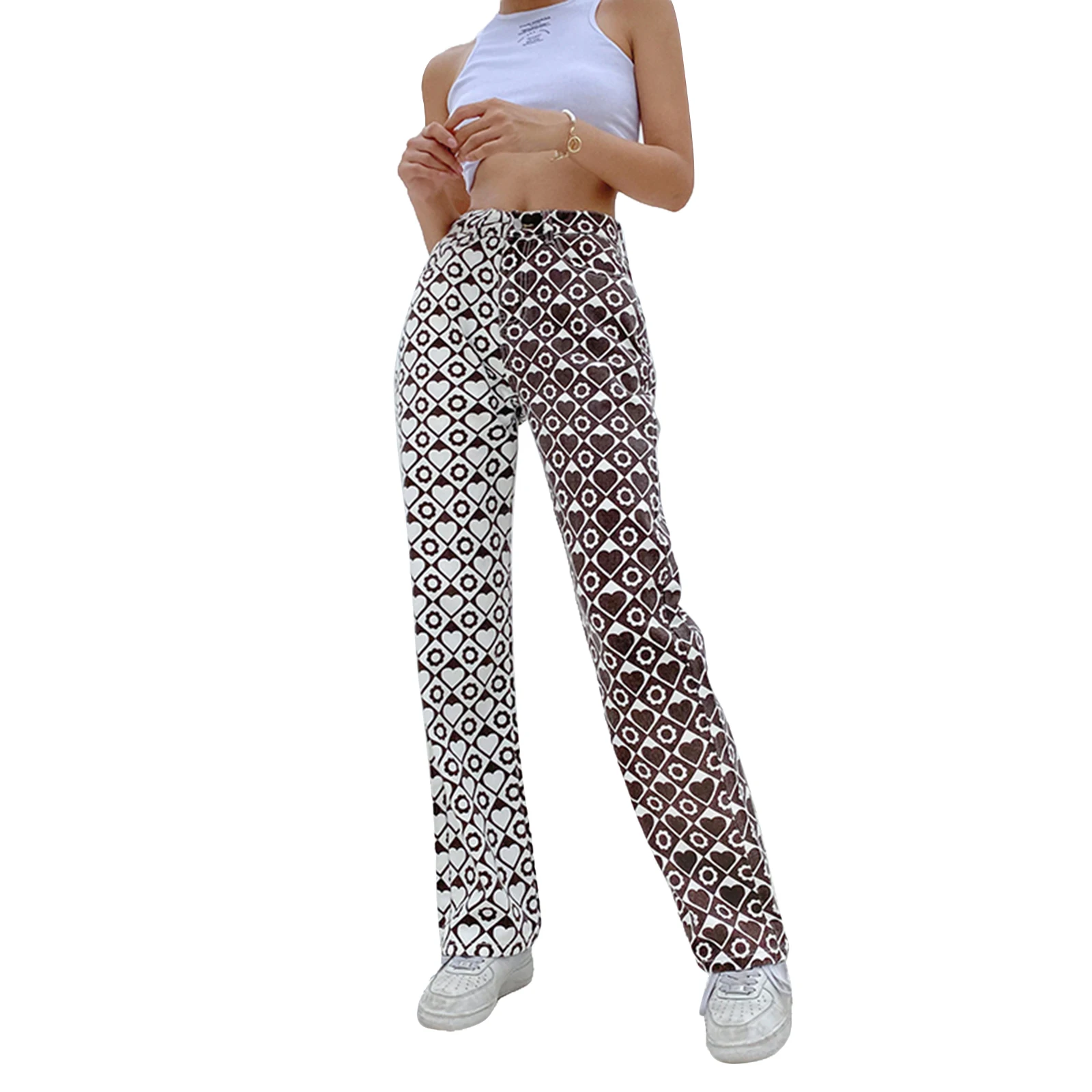 

Women Straight-leg Pants with Pockets, Brown Heart and Plaid Printed Pattern High Waist Trousers, S/ M/ L