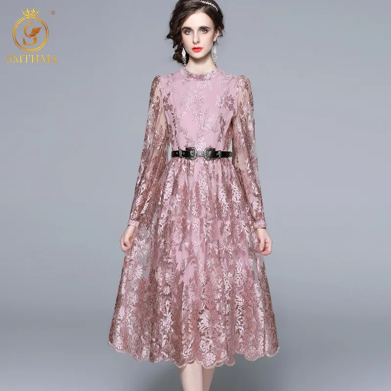 Платье SMTHMA из новой коллекции модной одежды с вышивкой на сетке для женщин с воротником стойкой, рукавами "летучая мышь", высокой талией и поясом на средней длине.