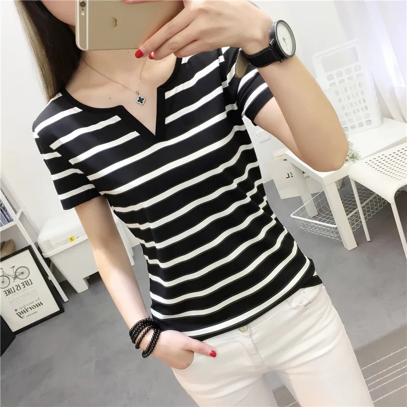 

Stripes Womens T-Shirt V Collar T Shirts Skinny Half Sleeve Clothes Women Slim Under Wear Tshirt Casual Female Top Tees