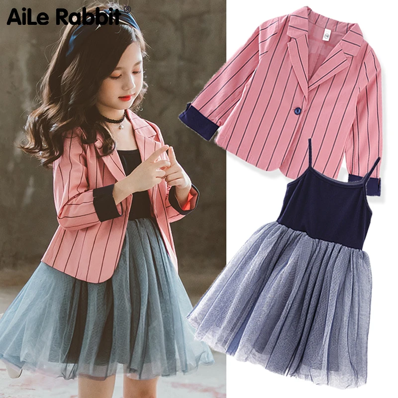 2019 New Arrival Girls Fashion Suit Jacket Dress 2 Pieces Elegant Lady Style Striped Coat Princess For 3-12 Year Old |