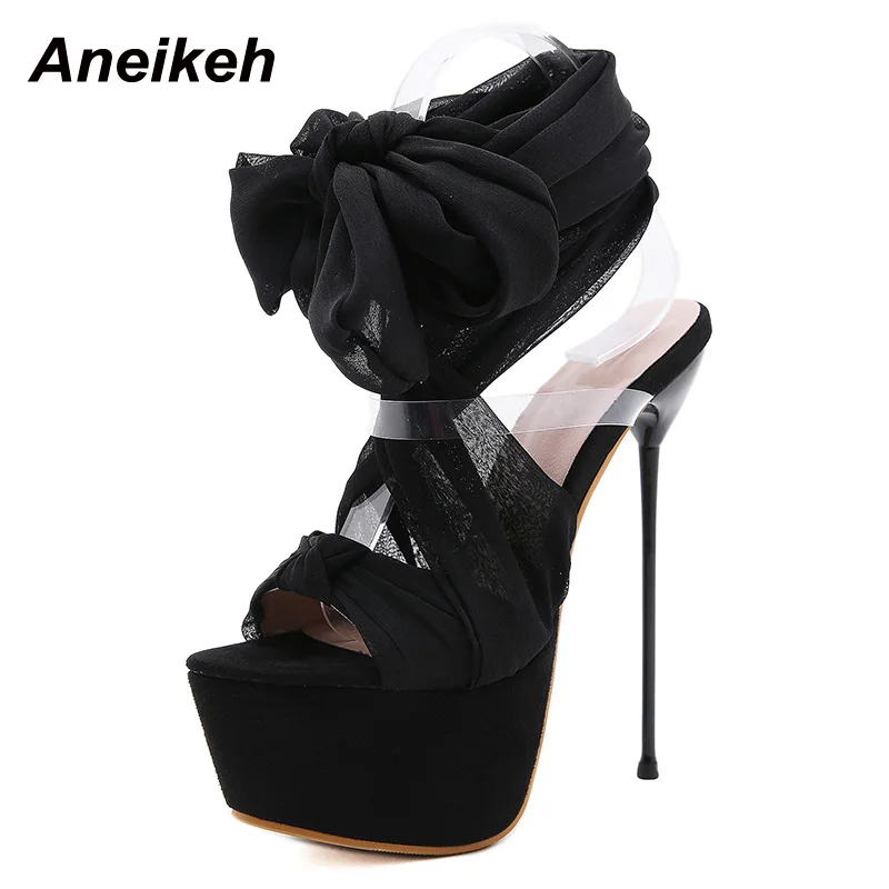 

Aneikeh 2021New Ladies Shoes Sandals Thin Heels Open Party Cross-Tied Flock Gladiator Lace-Up Ankle Strap Fashion Solid Platform