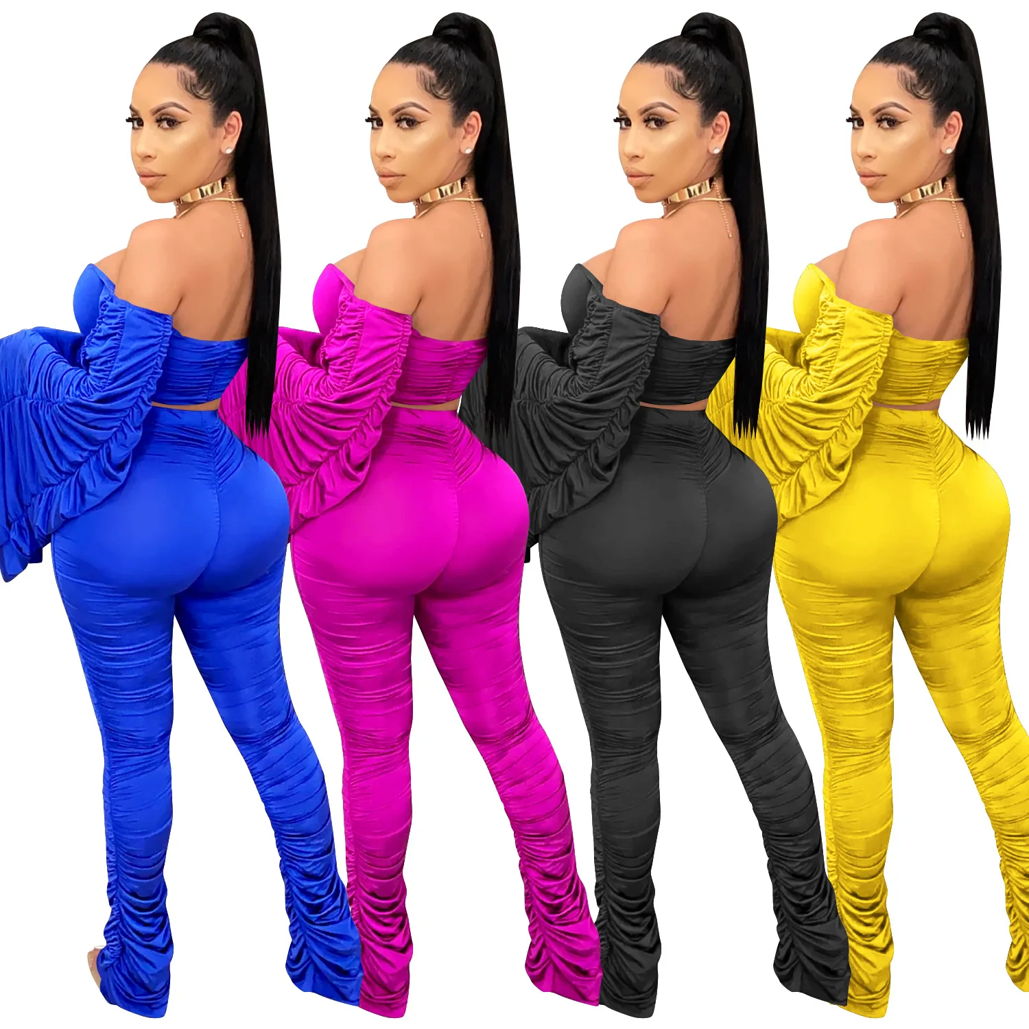 

Stacked Pants Flared Sleeve One Shoulder Two Piece Set Fall Clothes for Women Outfits for Women Stacked Pants Leggings