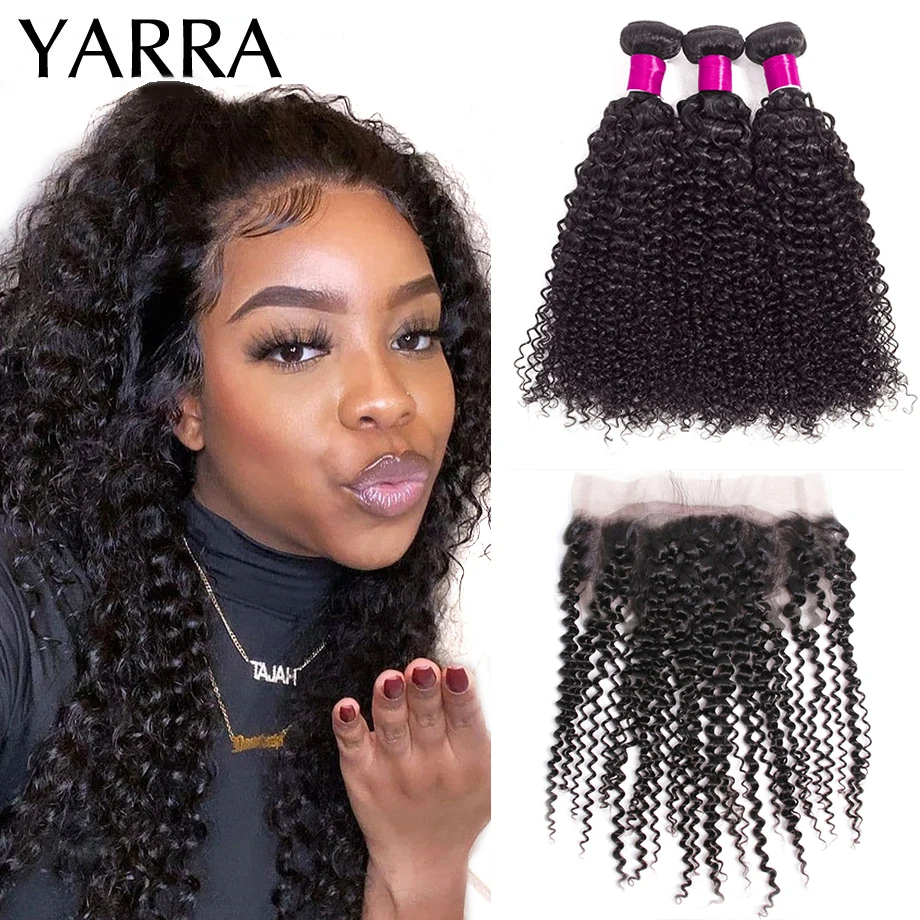 

Peruvian Kinky Curly Hair with 360 Frontal Closure 100% Human Hair Bundles with 360 Lace Frontal Pre Plucked Remy Yarra Hair