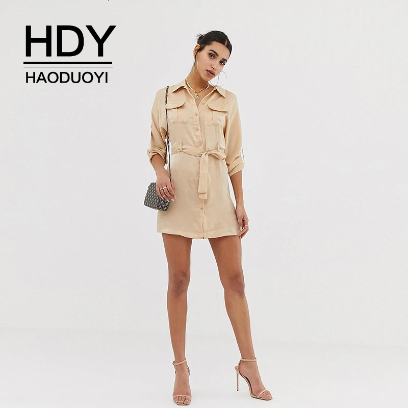 HDY Haoduoyi Для женщин Новая мода Повседневное пикантные однотонные рубашка с отложным воротником и поясом, узкое женское платье, рукав длиной до локтя, Обёрточная бумага карман миди платье