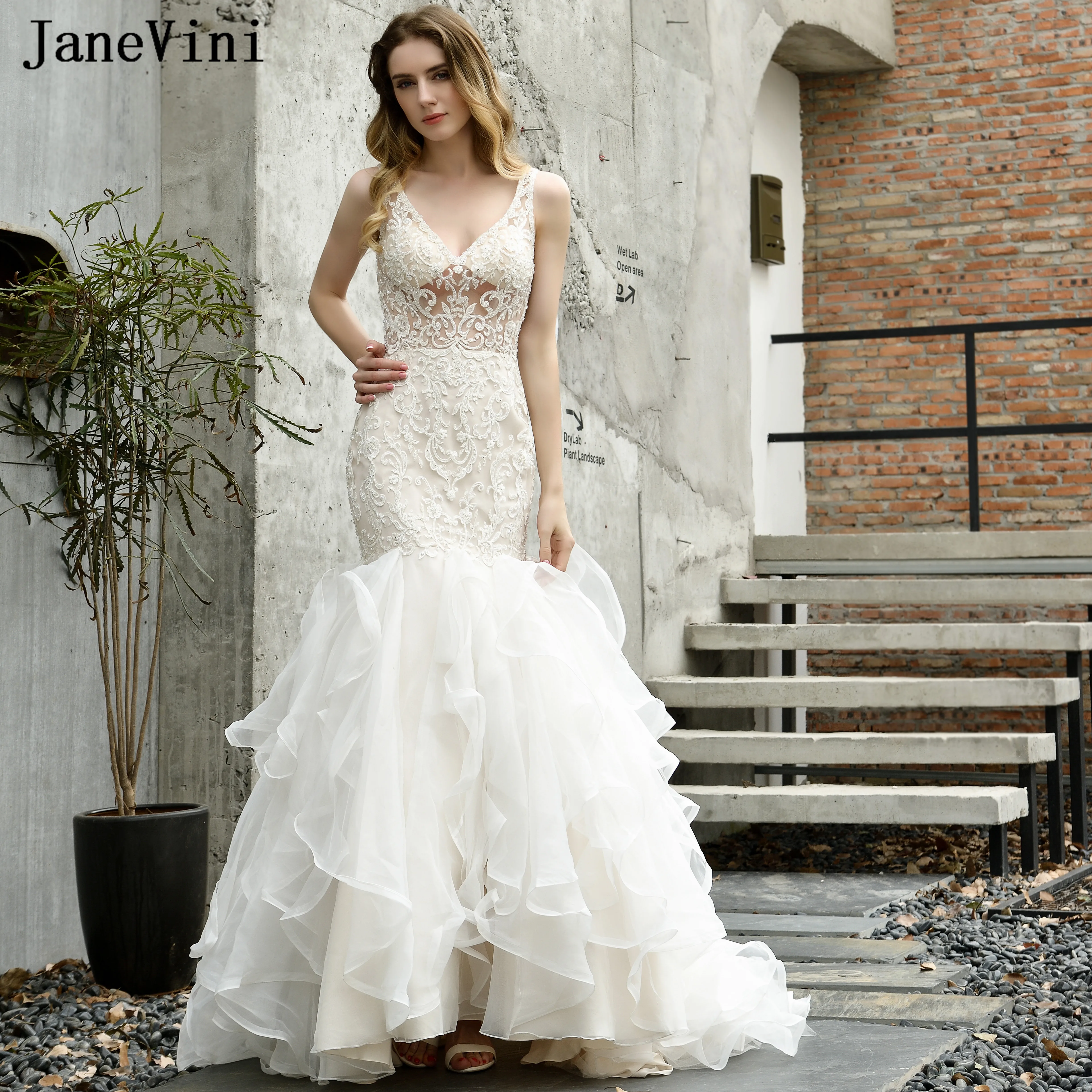

JaneVini Sexy Mermaid Long Wedding Dresses Ruffles Deep V Neck Luxury Beading Appliques Tulle Bridal Gowns Robe De Mariee 2019