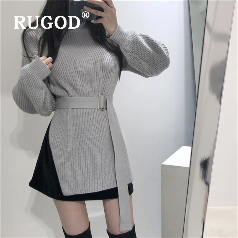 RUGOD Пояс Ретро корейское платье средней длины однотонный топ с длинными рукавами