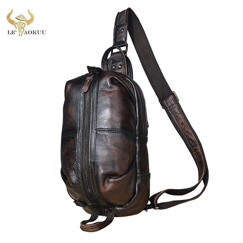 

Men Quality Leather Casual Fashion Coffee Triangle Crossbody Chest Sling Bag Design Travel One Shoulder Bag Daypack Male 1186