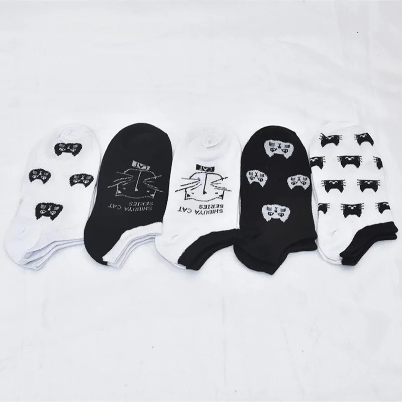 

5 Pairs Lot Cotton Women Socks Female Casual Boat 3D Pack Cartoon Harajuku Cat Cute Heart Invisiable Funny Girl Ankle Sock Set