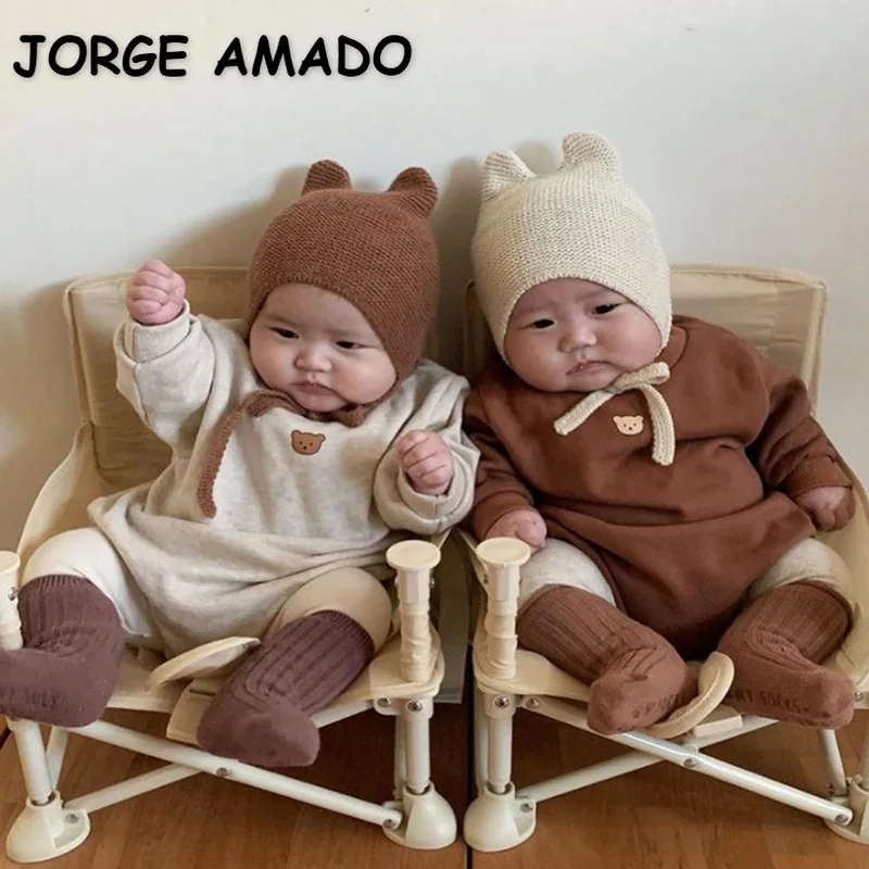 Conjuntos de oto&ntilde;o para beb&eacute;s y ni&ntilde;os de estilo coreano, Body a rayas de oso de manga larga + Pantalones de calcet&iacute;n ajustados, trajes para ni&ntilde;os E402, novedad de 2021-0