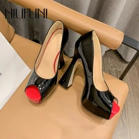 niufuni peep toe platform patent leather 13cm thick high heels women shoes size 35 41 black red pump sandals slip on party shoes