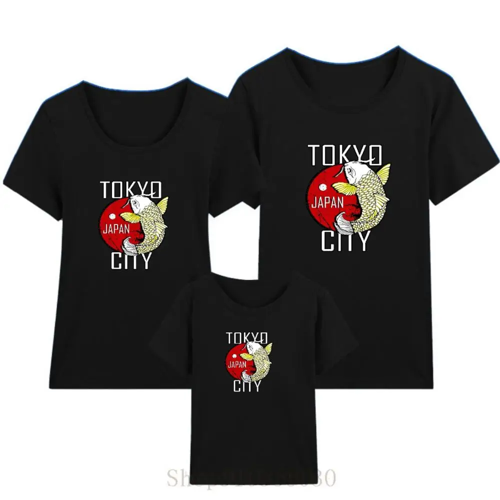 Japan Tokyo city Koi Fish illutration design white mother daughter boys summer clothes matching outfits dress | Мать и ребенок