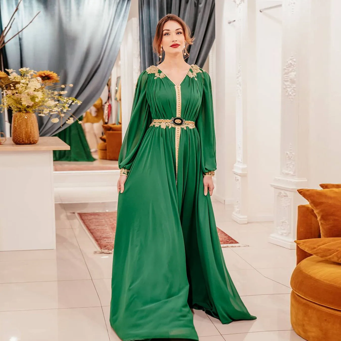 

Elegant Green Simple Summer Dress Moroccan Caftan Muslim Dubai Prom Dresses A-Line Floor Length Special Occasion Evening Dresses