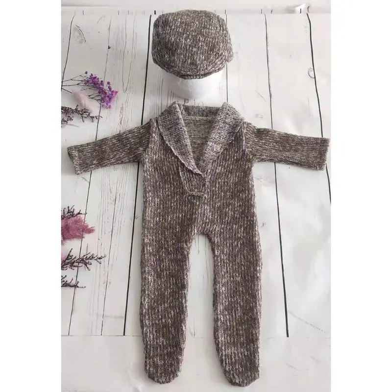 

2Pcs Newborn Photography Props Suit Romper + Hat Set Long Sleeve Jumpsuits Bodysuit Handmade Knit Outfit Clothing
