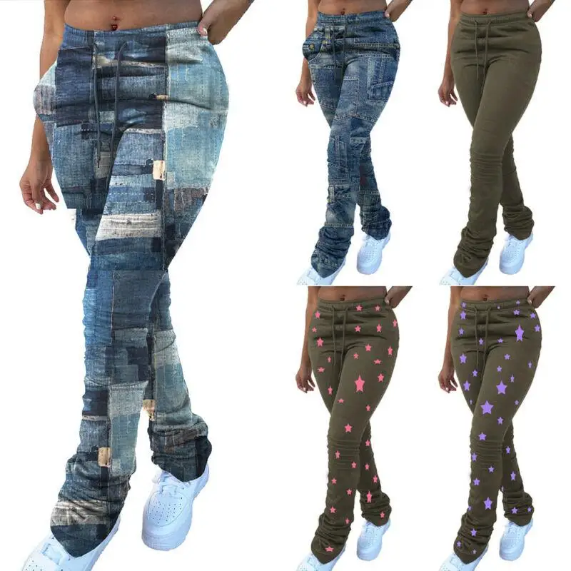 

Womens Drawstring High Waist Stretch Skinny Pants Casual Floral Imitation Denim Drawstring Legging Trousers Plus Size