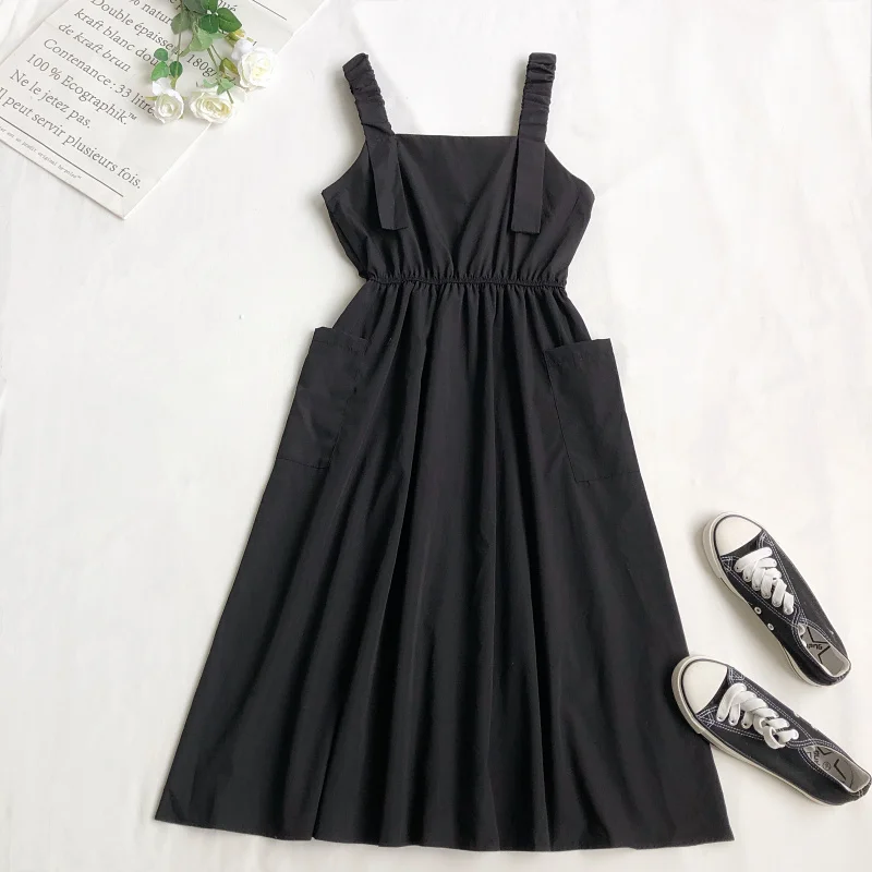 FTLZZ Summer New Arrival Women Sweet Strap Mid-length Dress Ladies Casual Solid Loose High Waist A-line Dresses | Женская одежда