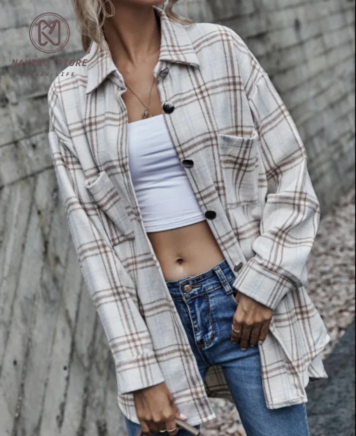 

NAVRDO Women Long Sleeve Plaid Jacket Autumn Winter Oversized Coat 2021 Fashion Loose Outwear Vintage Elegant Tops Streetwear