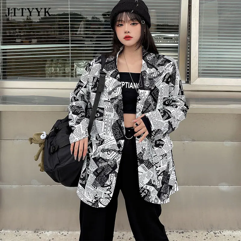 

Vintage Jackets Spring Summer 2021 Women Print Letter BF Style Blazers Oversize Loose Short Suits Female Casual Blazers Jacket