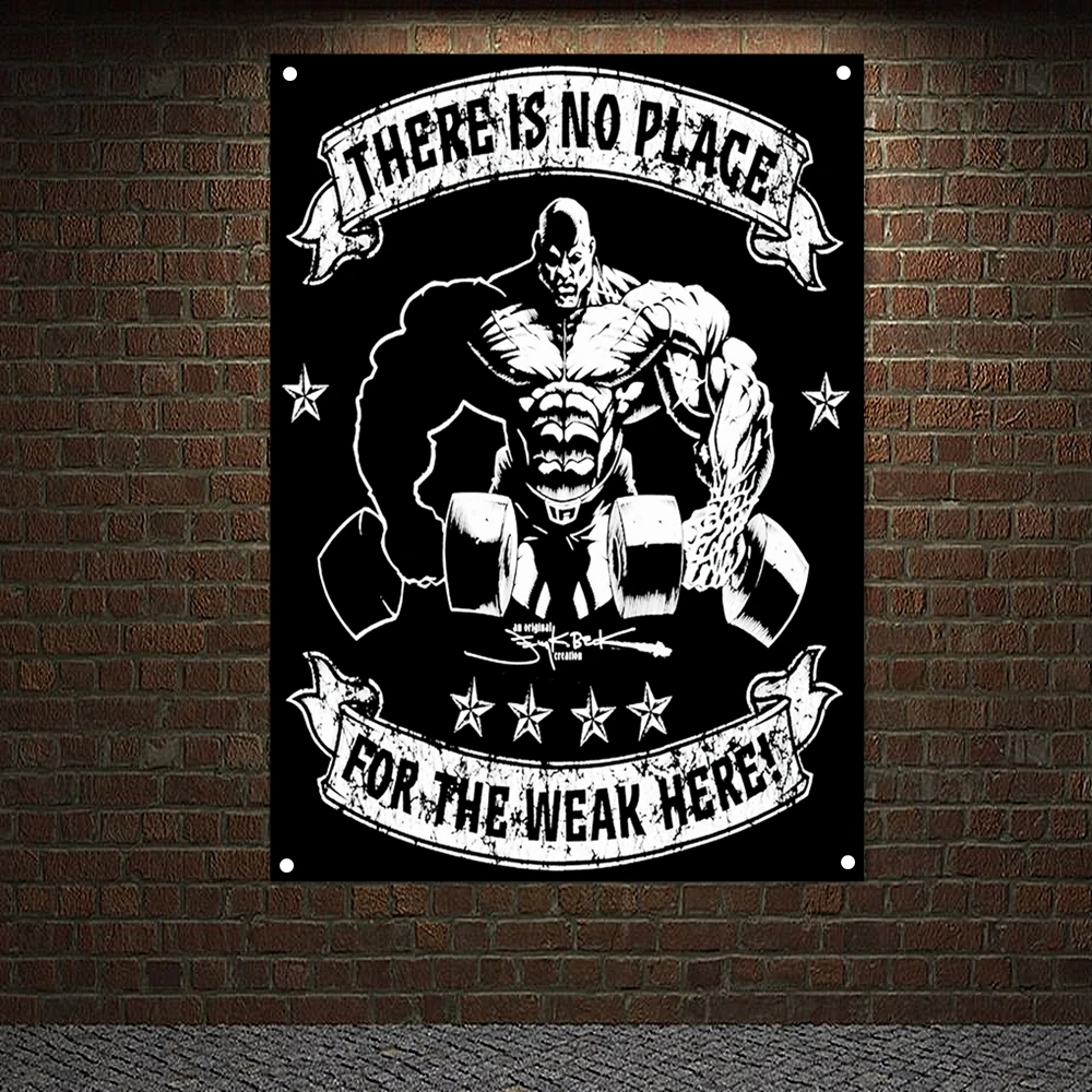 

THERE IS NO PLACE FOR THE WEAK HERE! Inspirational Poster Tapestry Man Body Building Workout Banner Wall Hanging Flag Gym Decor