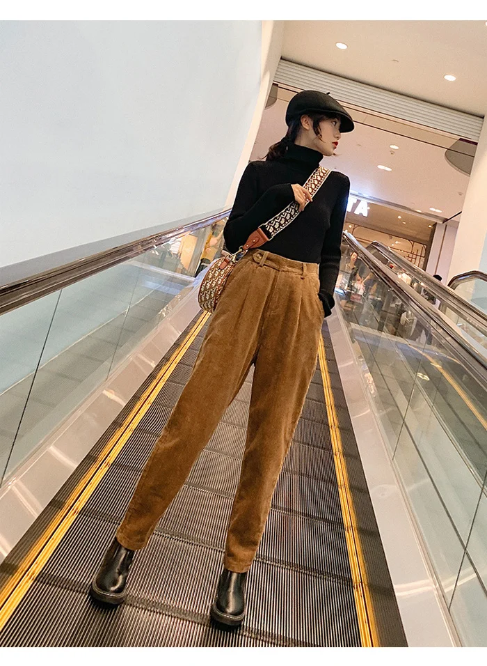 Winter Corduroy Pants Women Autumn High Waist Pockets Trousers Women Plus Size Streetwear Harem Pants Pantalon Femme