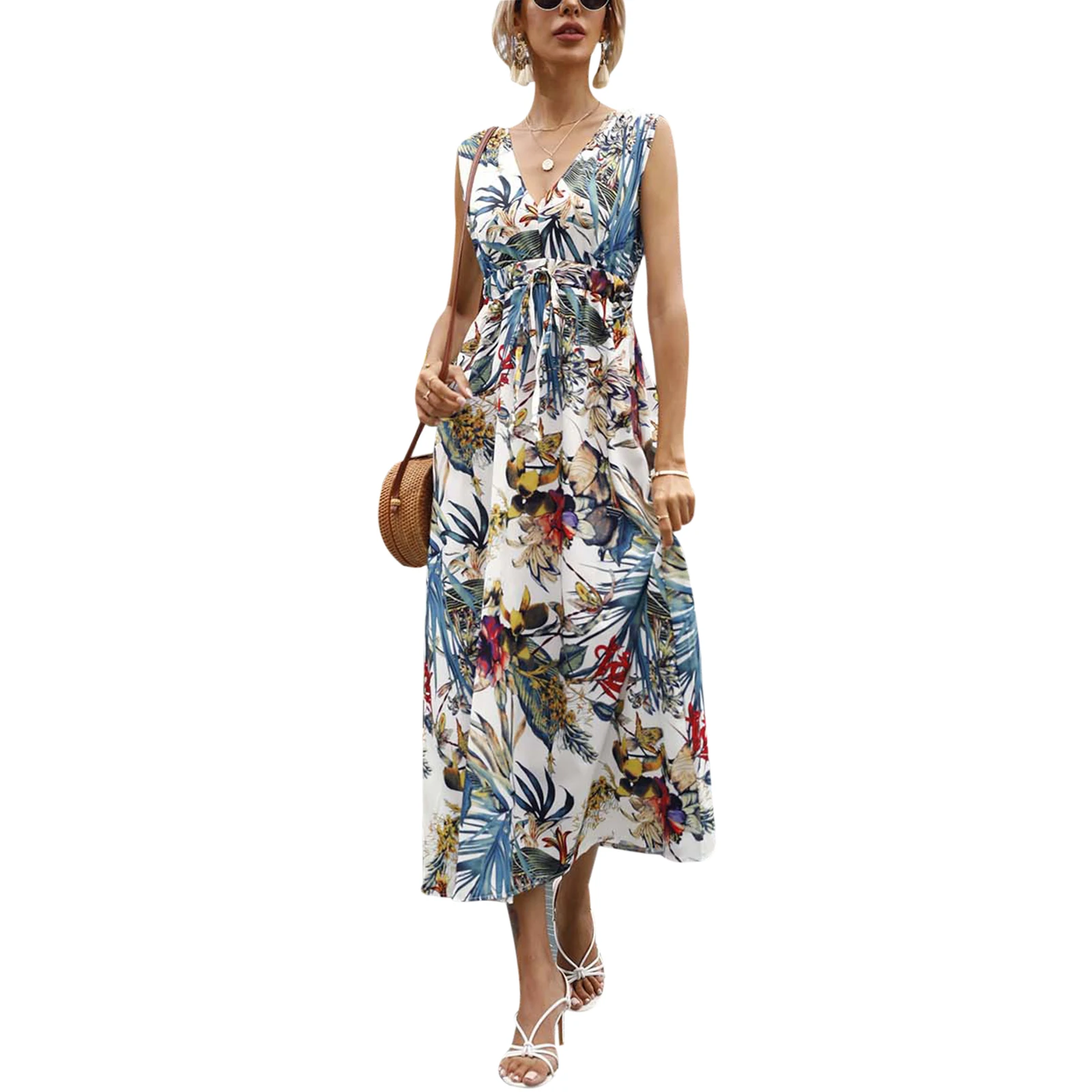 

Women Summer Floral Print Maxi Dress Sexy Sleeveless Tie Up V Neck Female Fashion Summer Beach Boho Long Dresses 2021 New