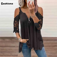 cashiona size 5xl female summer three quarter sleeve t shirt casual loose female tees shirt women new patchwork lace tops