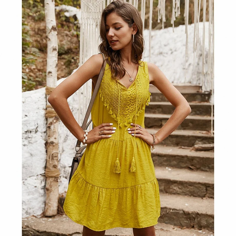 

2PCS Summer Boho Dress Women Sleeveless Bohemian Tassels Tie Up Short Dresses Beach Dress M Size, Yellow & Green