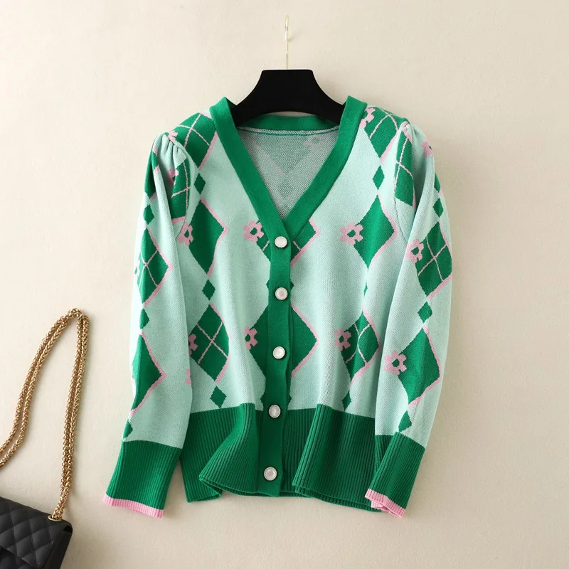 

Женский трикотажный кардиган в контрастную клетку, Осень-зима 2021, новый корейский свободный свитер в стиле ретро с V-образным вырезом, женск...