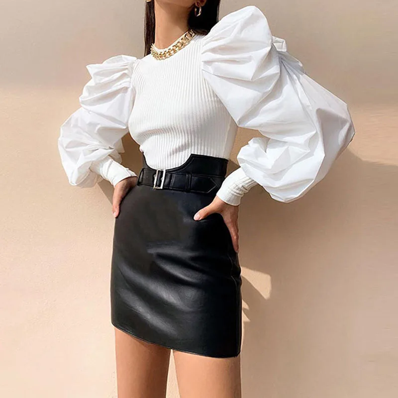 

Chic Women Pullover Sweater Autumn 2022 New Fashion Puff Sleeve Stretch Knit Body Patched Poplin Sleeve Modern Lady Ruffles Tops