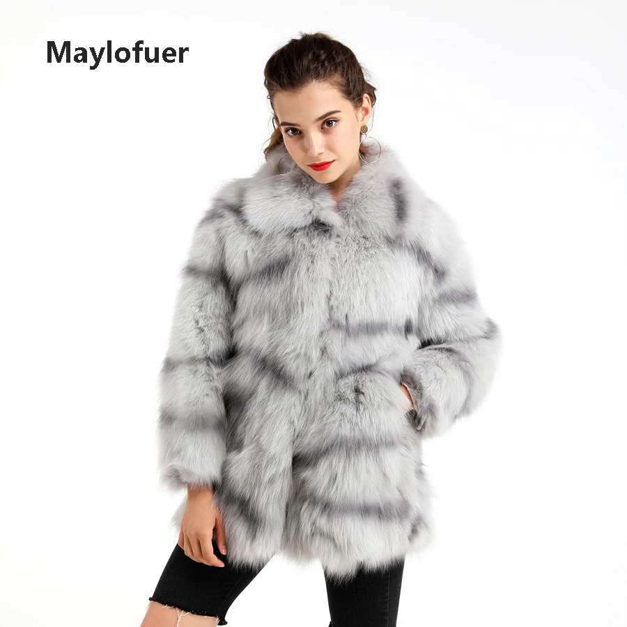 Maylofuer/Новинка года; куртка из натурального Лисьего меха с воротником в полоску с леопардовым принтом; Модные женские пальто с белым лисьим мехом; теплые