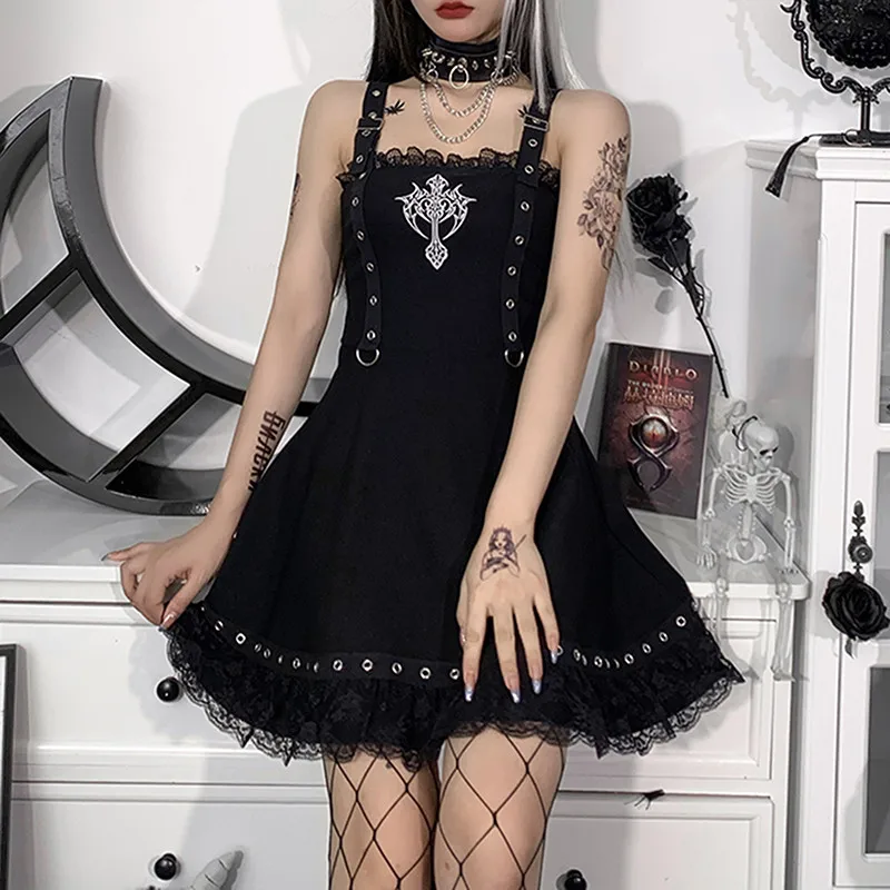 

Fairycore гранж готическое Черное мини-платье с кружевной отделкой с высокой талией облегающее платье Y2K женское 90-е винтажное Панк Harajuku Лолита ...