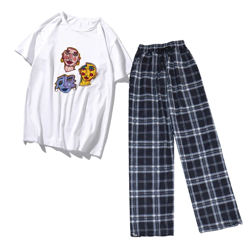 

Summer Suit Women Clothing Sets Funny Vetement Femme 2021 Grunge Fashion Plaid Pants Women Casual Chic Abstract Graphic Tee Tops