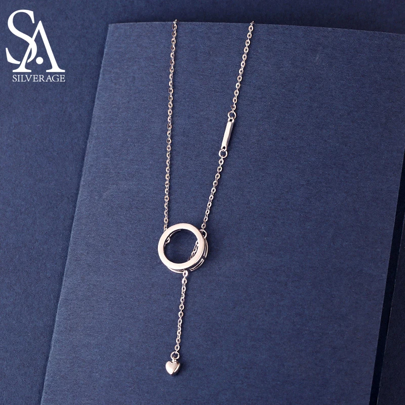 

SA SILVERAGE S925 Sterling Silver Ring Love Necklace Female Korea Wind Light Luxury Niche Design Simple Wind Slim Clavicle Chain