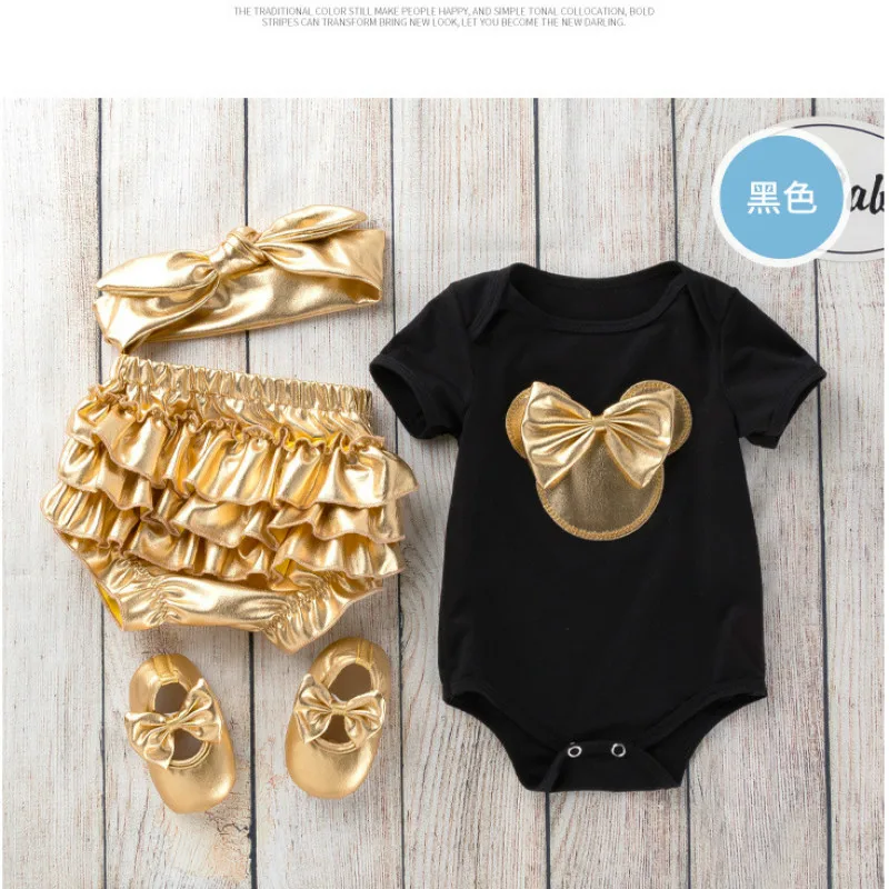 Cute Summer Romper 4pcs Baby Girls Clothes Jumpsuit Romper+Shoes+Headband 0-24M Age Infant Toddler Newborn Outfits Set for kids