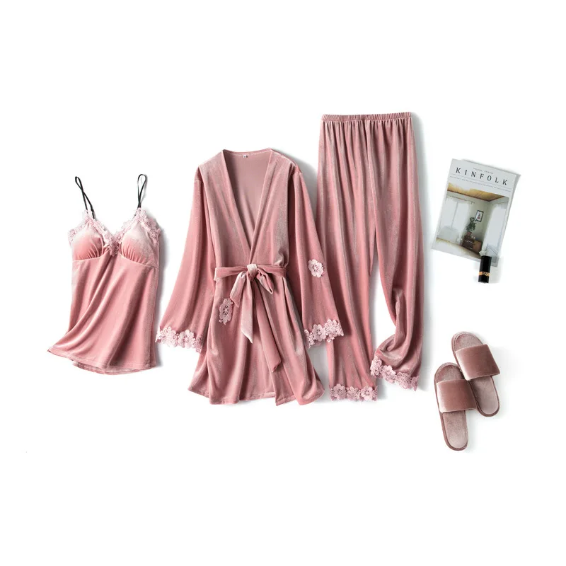 

FZSLCYIYI Autumn Gold Velvet 3 Peices Warm Pajamas Set Women Sexy Lace Sling Pajamas Winter Sleepwear Long Sleeves Nightwear