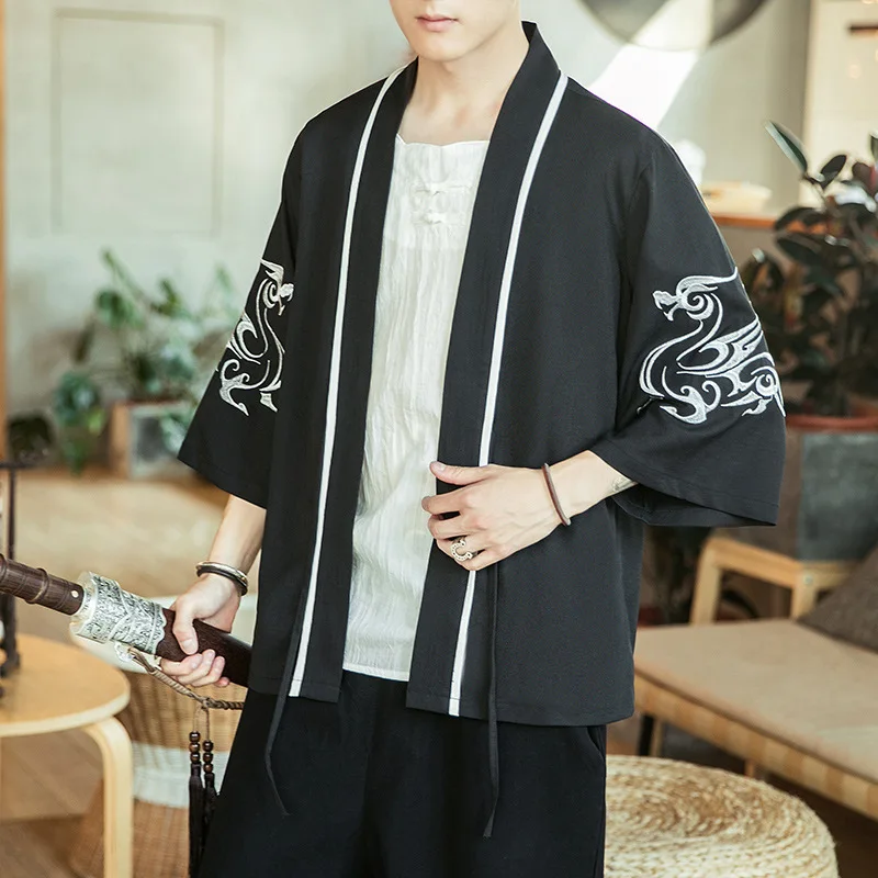 

Men Yukata Haori Obi Summer Plus Size Beach Tops Vintage Dragon Phoenix Embroidery Kimono Cardigan Coat Japanese Samurai Clothes