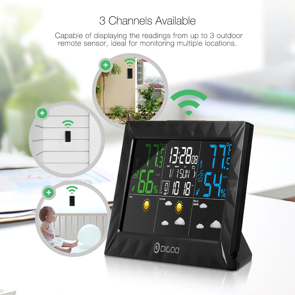 DIGOO DG-8270A, для помещений и улицы, Метеостанция+ 100 м, датчик погоды, термометр, гигрометр, метр, календарь, 3 канала, подсветка
