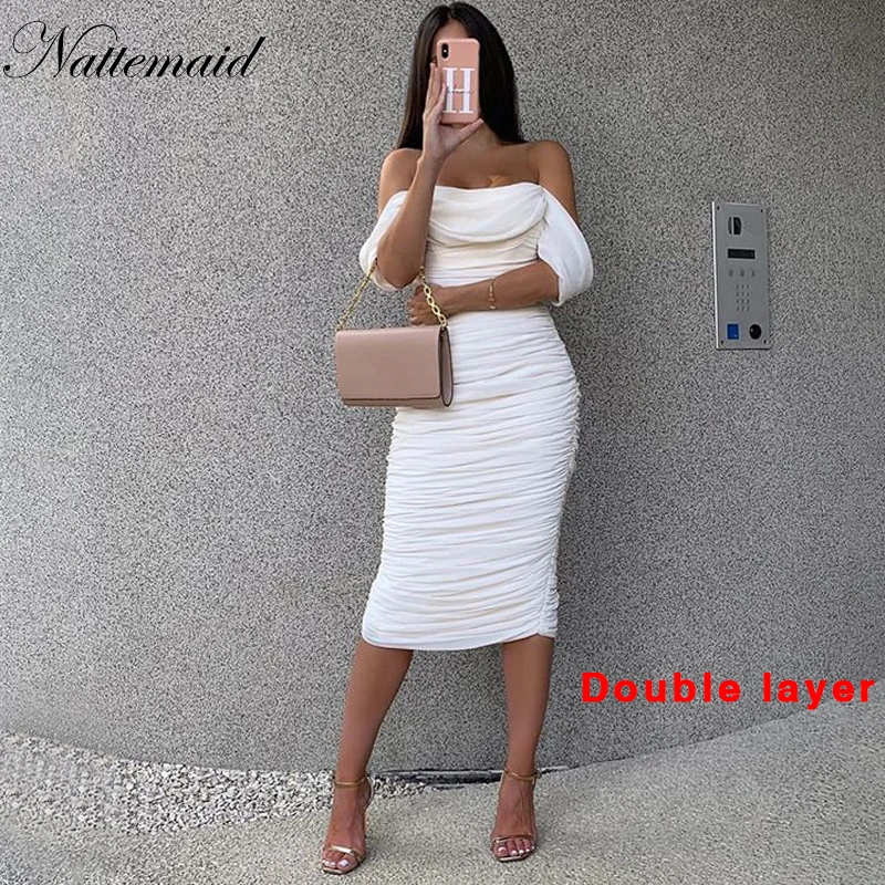 White NATTEMAID летнее черное блестящее сексуальное платье для женщин с открытыми плечами без бретелек Клубное облегающее платье с открытой спиной Элегантные миди платья для вечеринок - Цвет: White