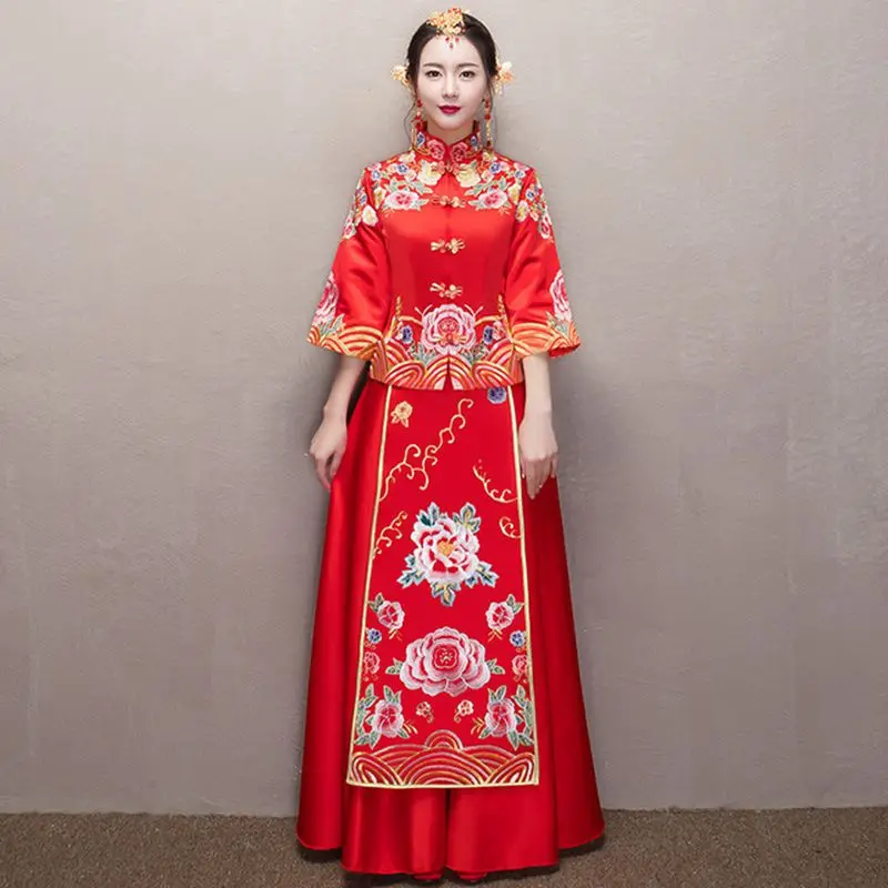 

Slim Embroidery Qipao Evening Gowns Chinese Women Wedding Dress Female Traditional Cheongsam Set Floral qipao modern