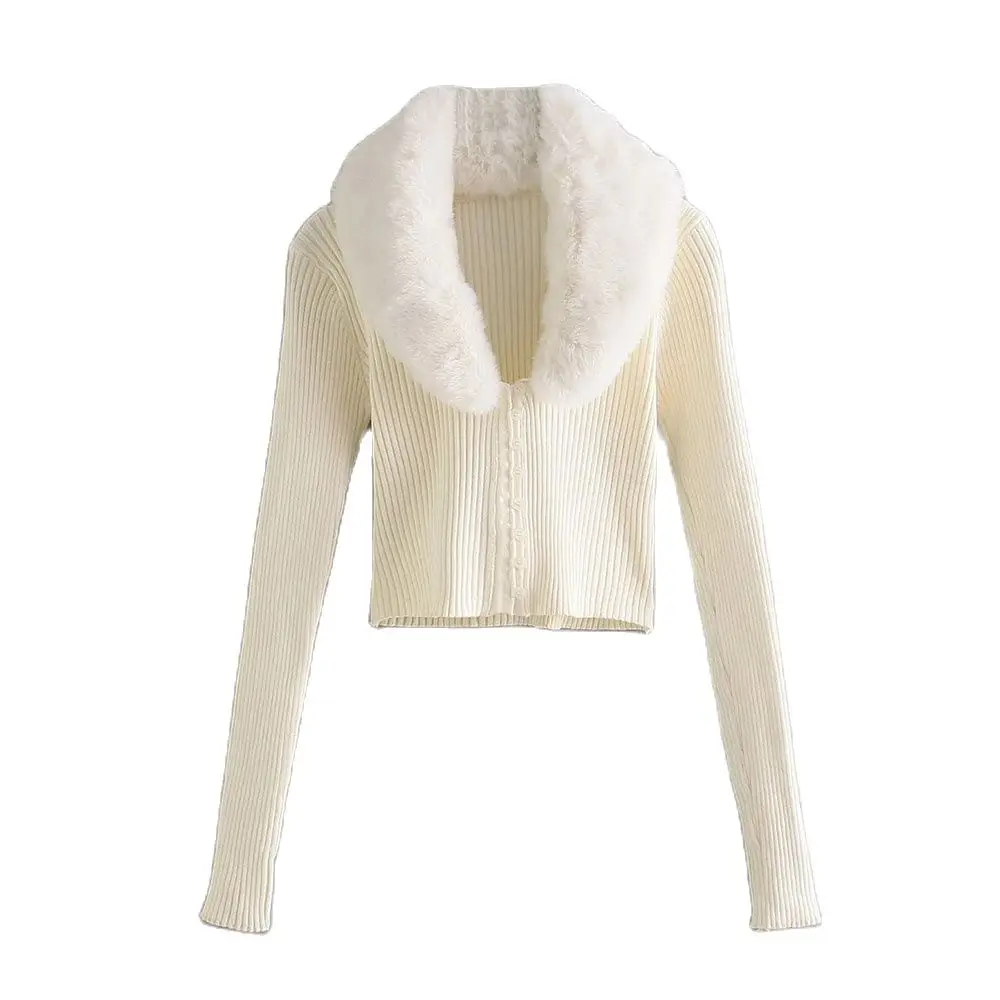 BBWM 2021 Women Vintage Solid Streetwear Fur Collar Sweater Female Sweet Single-Breasted Knitted Cardigan V Neck Slim Short Tops