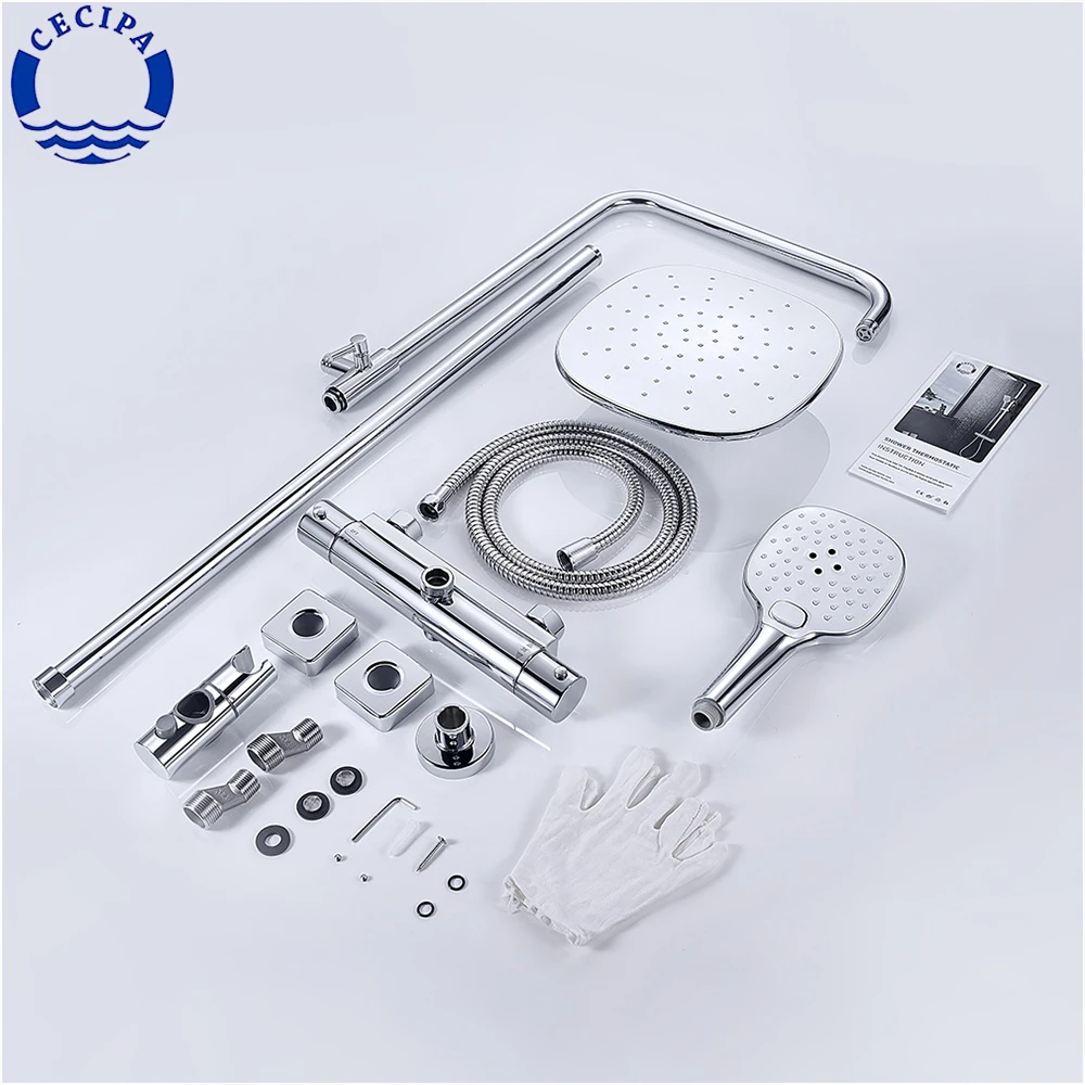 CECIPA Chrome Shower System Set With 38℃ Thermostatic Faucet Height Adjustable Slide Bar Safety Lock Bathroom Fixtures | Строительство