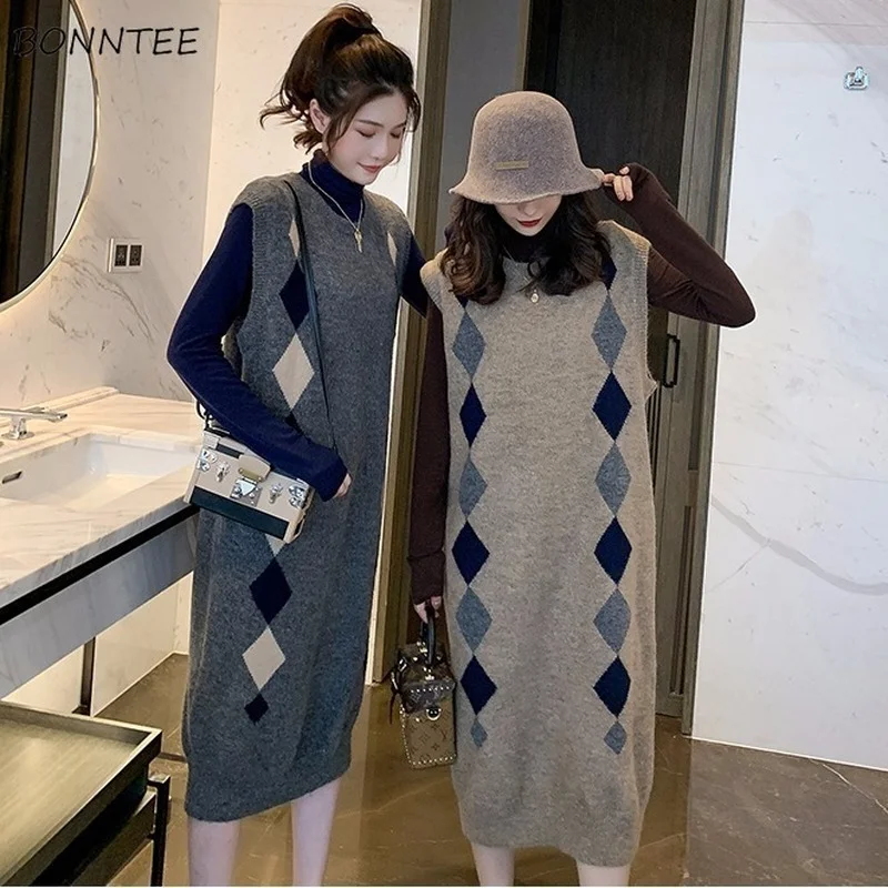 

Sleeveless Dress Women Elegant O-neck Simple Fashion Argyle Autumn Vintage Tender Female Casual Korean Style Newest Cozy Friend