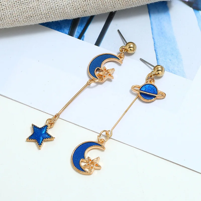 Japan and South Korea Small Fresh Earth Moon Starry Earrings Asymmetric Fashion Girl Wild Planet Long Painting Oil Ear Studs | Украшения и