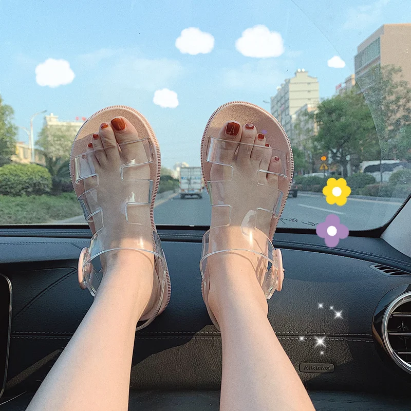 

Thin strip Korean fashion net red girl heart lovely sandals female student transparent flat bottom Roman shoes summer