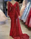 Скромные Красные кружевные вечерние платья-русалки 2022 реальное изображение аппликации из бисера Длинные платья для выпускного вечера с длинным рукавом официальное платье