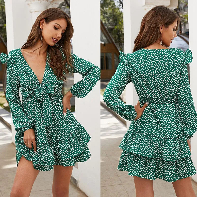 

Women Dresses Sexy V Neck Floral Print Boho Beach Dress Ruffle Long Sleeve a Line Mini Dress Sundress