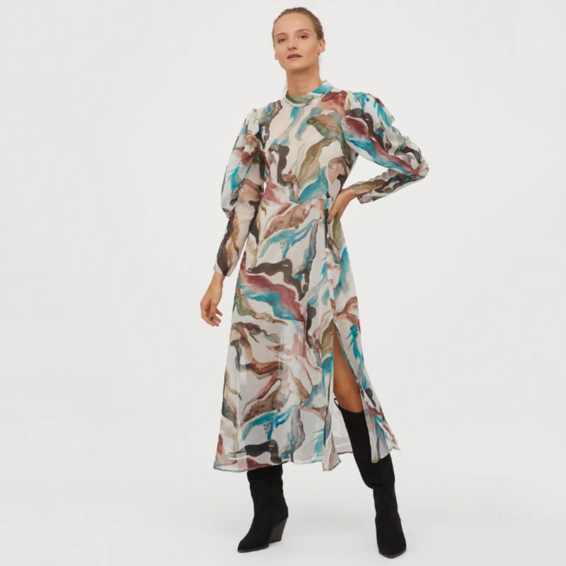 Женское винтажное платье с воротником стойкой длинным рукавом и разрезом на